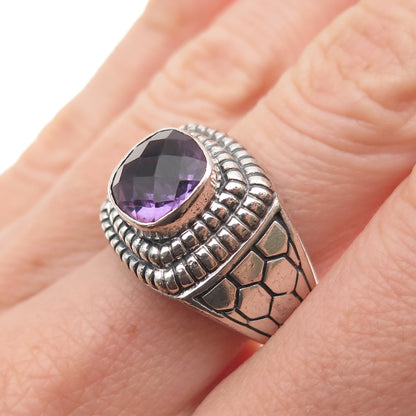 925 Sterling Silver Vintage Real Amethyst Honey Comb Oxidized Ring Size 7.25