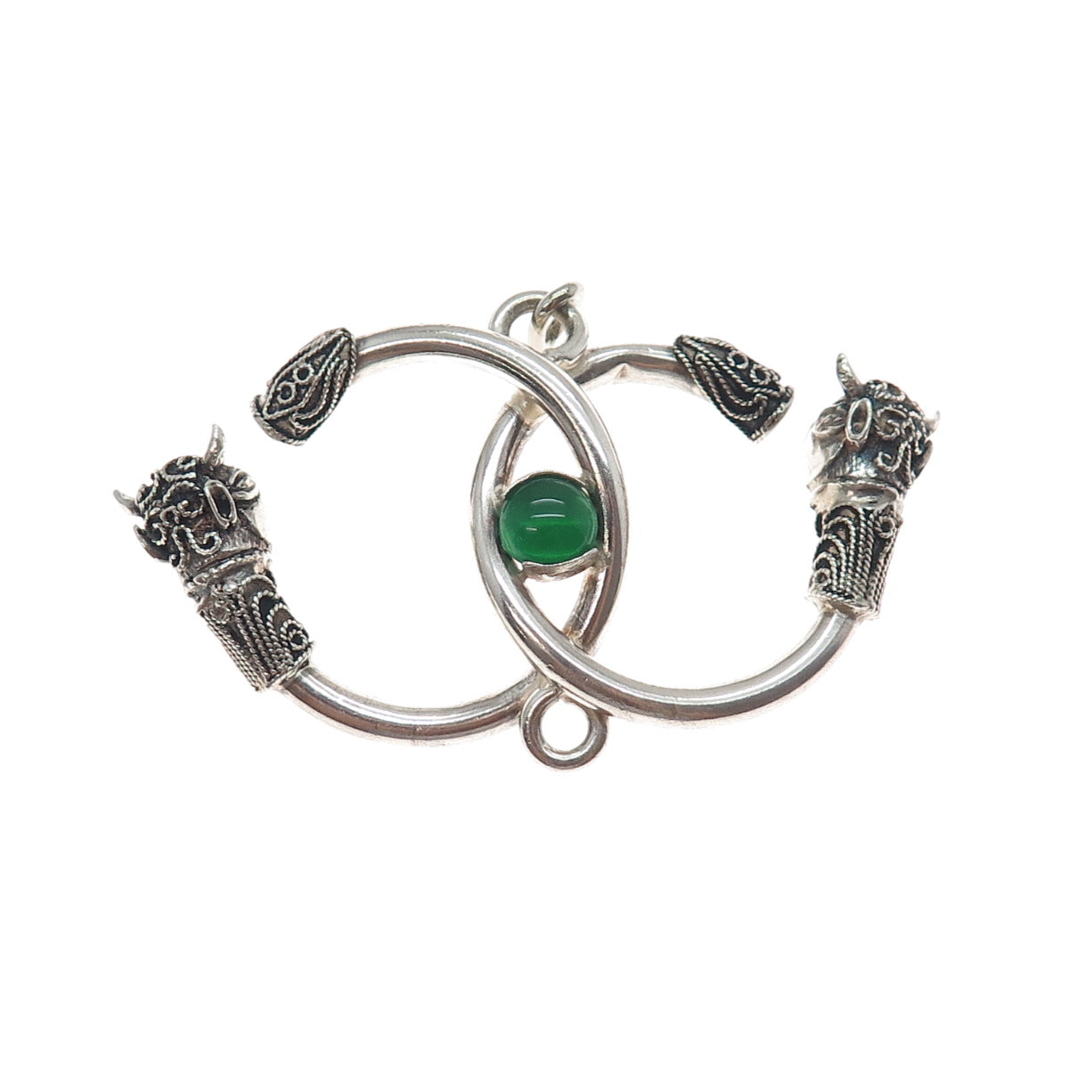 925 Sterling Silver Vintage Real Green Onyx Bull Interlocked Eternity Pendant