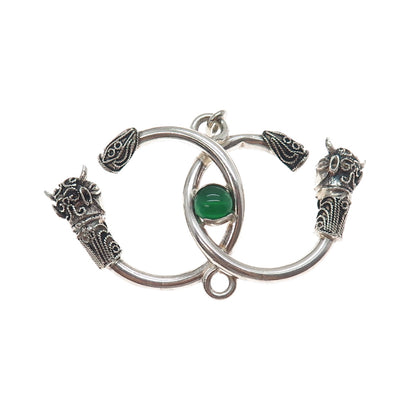 925 Sterling Silver Vintage Real Green Onyx Bull Interlocked Eternity Pendant