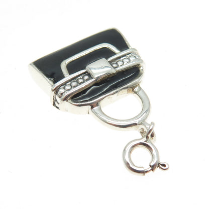 925 Sterling Silver Vintage Black Enamel Lady’s Bag / Purse Charm Pendant