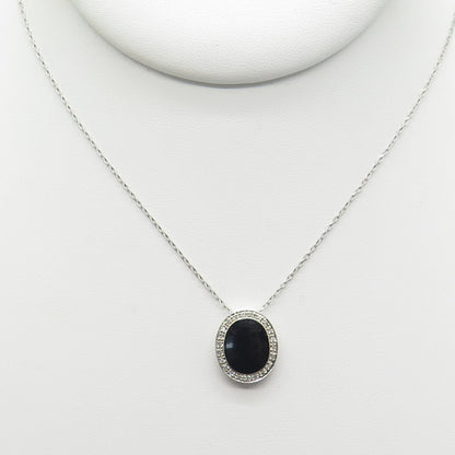 925 Sterling Silver Real Round-Cut Diamond & Black Onyx Chain Necklace 20"