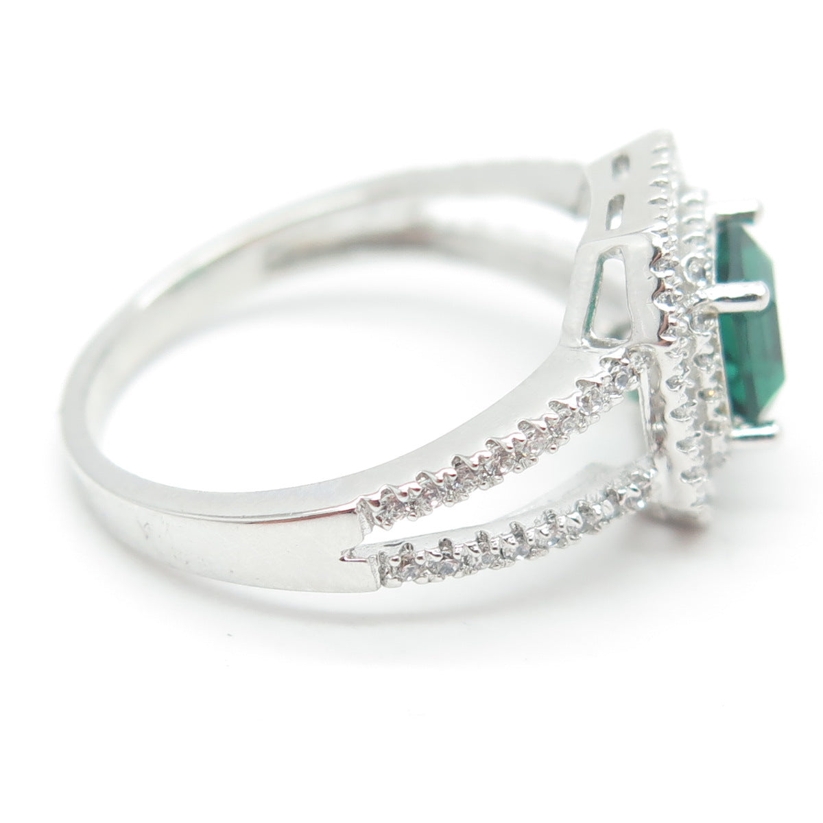 925 Sterling Silver Nano Emerald & Round-Cut C Z Ring Size 9