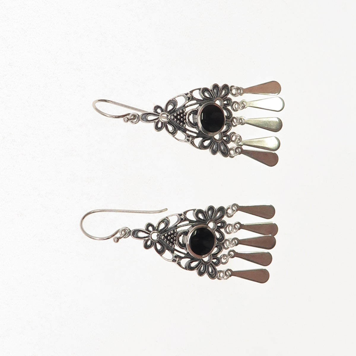 925 Sterling Silver Vintage Real Black Onyx Floral Oxidized Dangle Earrings
