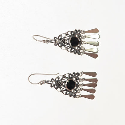 925 Sterling Silver Vintage Real Black Onyx Floral Oxidized Dangle Earrings
