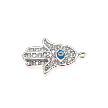 925 Sterling Silver Enamel Round-Cut C Z Hamsa Amulet Minimalist Charm Pendant