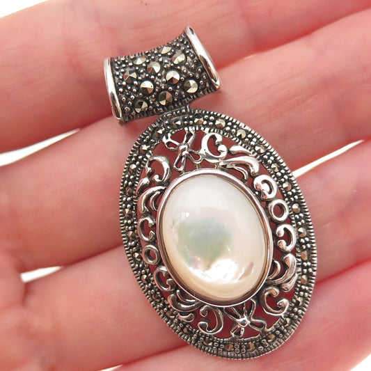 925 Sterling Silver Vintage Real MOP & Marcasite Oxidized Slide Charm Pendant
