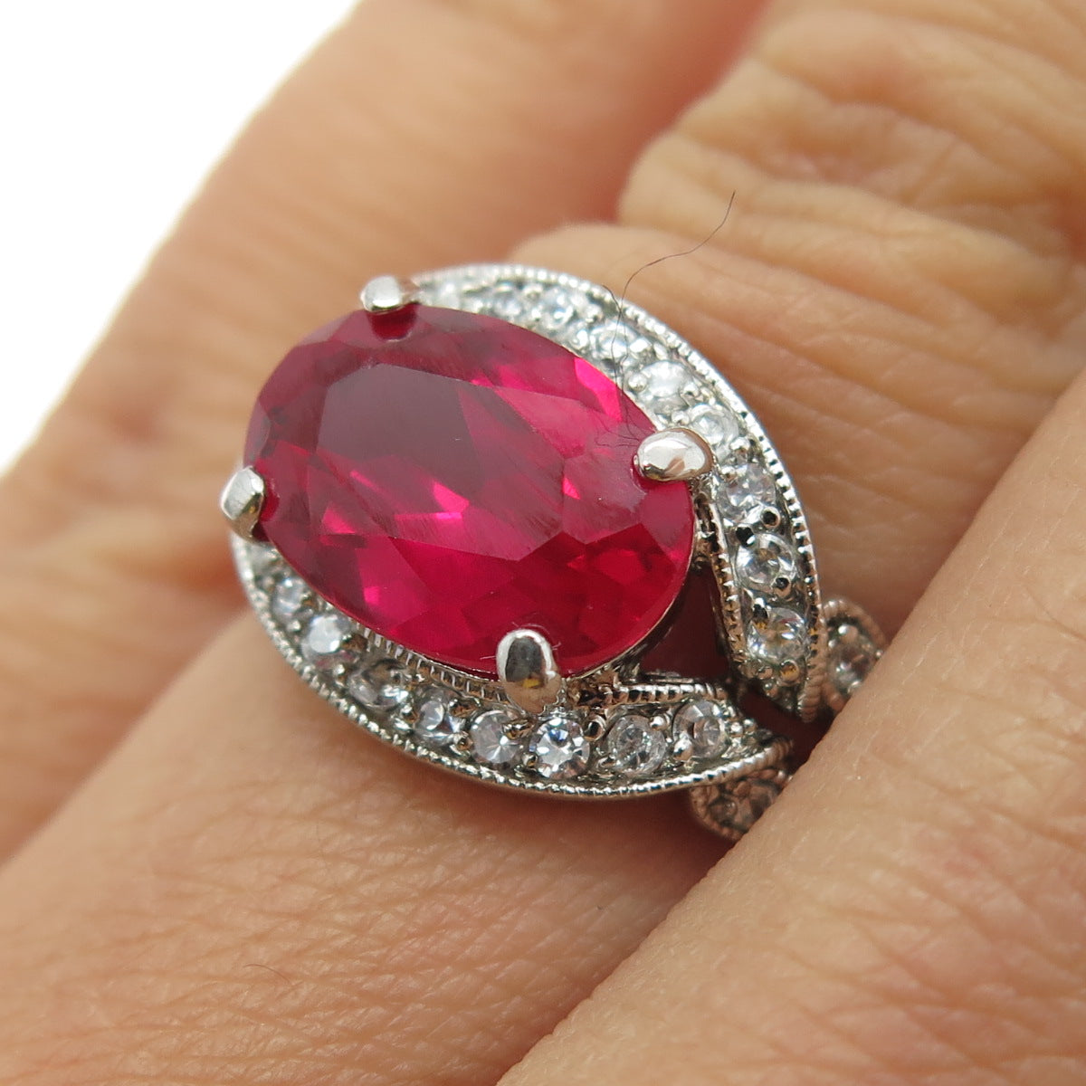 925 Sterling Silver Oval-Cut Lab-Created Ruby & Round-Cut C Z Ring Size 5.25