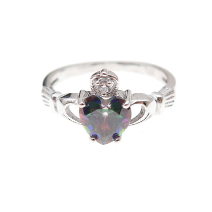 925 Sterling Silver Real Mystic Quartz & C Z Irish Claddagh Ring Size 7.25