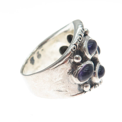 925 Sterling Silver Vintage Real Amethyst Modernist Oxidized Ring Size 5.5