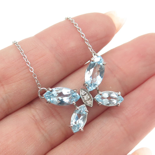 925 Sterling Silver Real White Diamond & Blue Topaz Gem Butterfly Necklace 18"