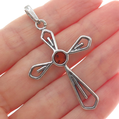 925 Sterling Silver Vintage Real Amber Cross Oxidized Charm Pendant