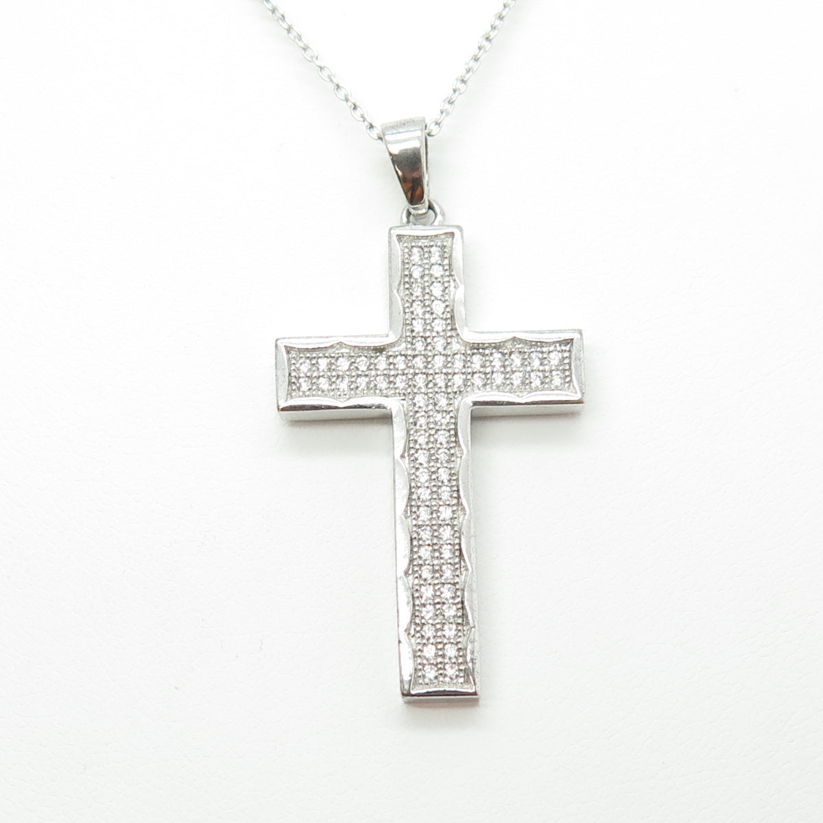 925 Sterling Silver Round-Cut C Z Sparkle Cross Cable Chain Necklace 17-19"