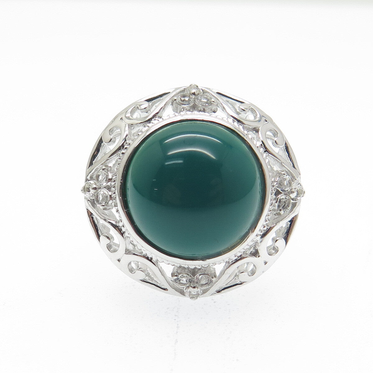 925 Sterling Silver Green Onyx & White Topaz Gem Ornate Swirl Ring Size 7.25