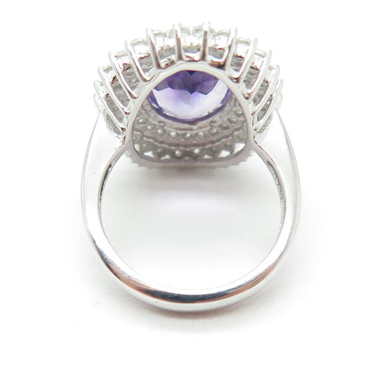 DSMK 925 Sterling Silver Oval-Cut Amethyst Round-Cut White Topaz Ring Size 7.25