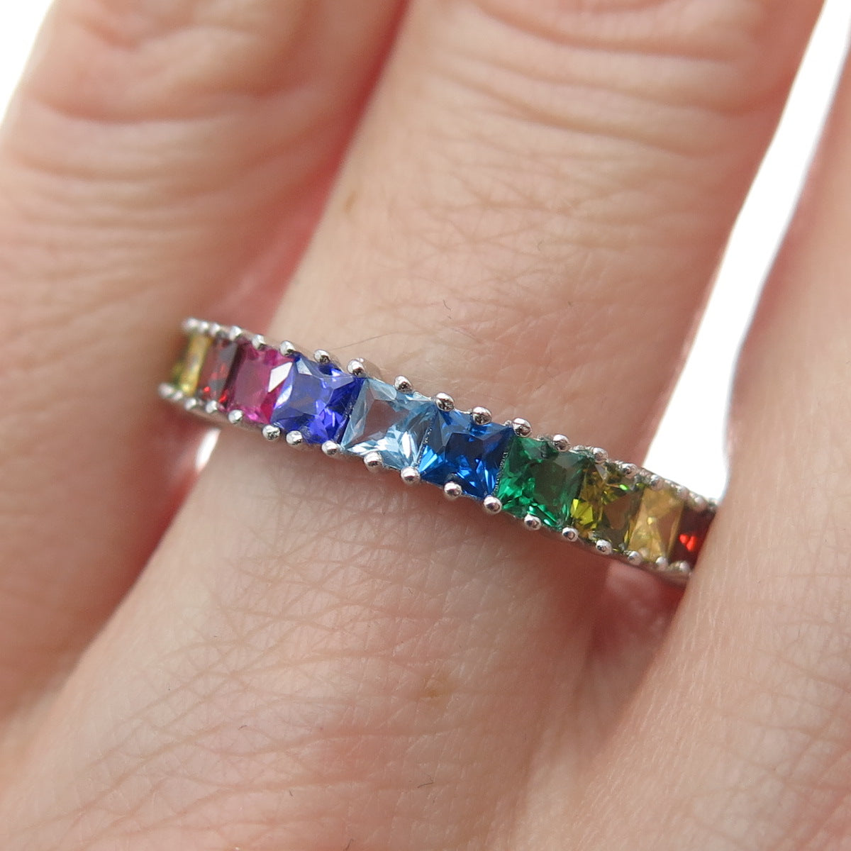 925 Sterling Silver Multi-Color C Z All Around Eternity Band Ring Size 7.75