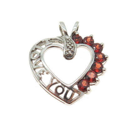 J&T 925 Sterling Vintage Red Garnet & Topaz Gem "I Love You" Heart Pendant