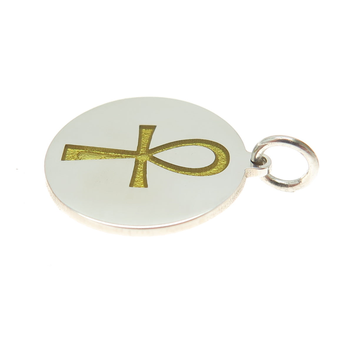 925 Sterling Silver Yellow Enamel Egyptian Ankh Round Minimalist Charm Pendant