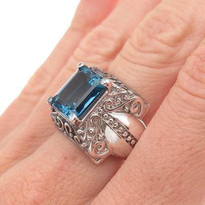 925 Sterling Silver Vintage Real London Blue Topaz Oxidized Ring Size 6.25