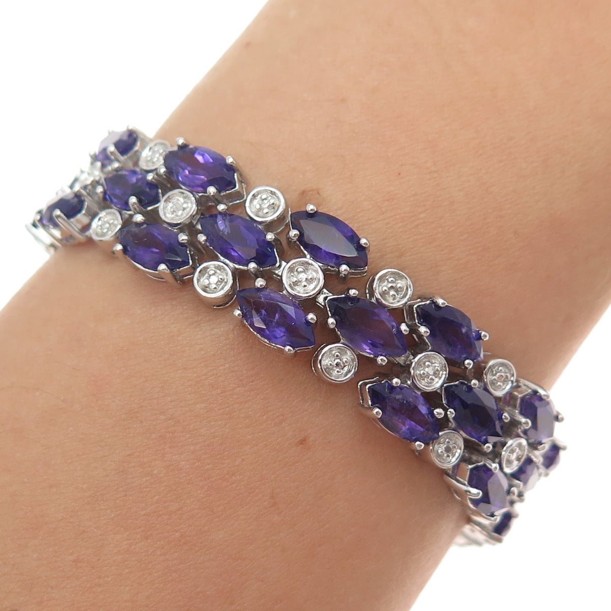 FADI 925 Sterling Real Round-Cut Diamond & Marquise-Cut Amethyst Bracelet 7.25"