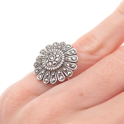 925 Sterling Silver Antique Art Deco Real Marcasite Floral Ring Size 3.25