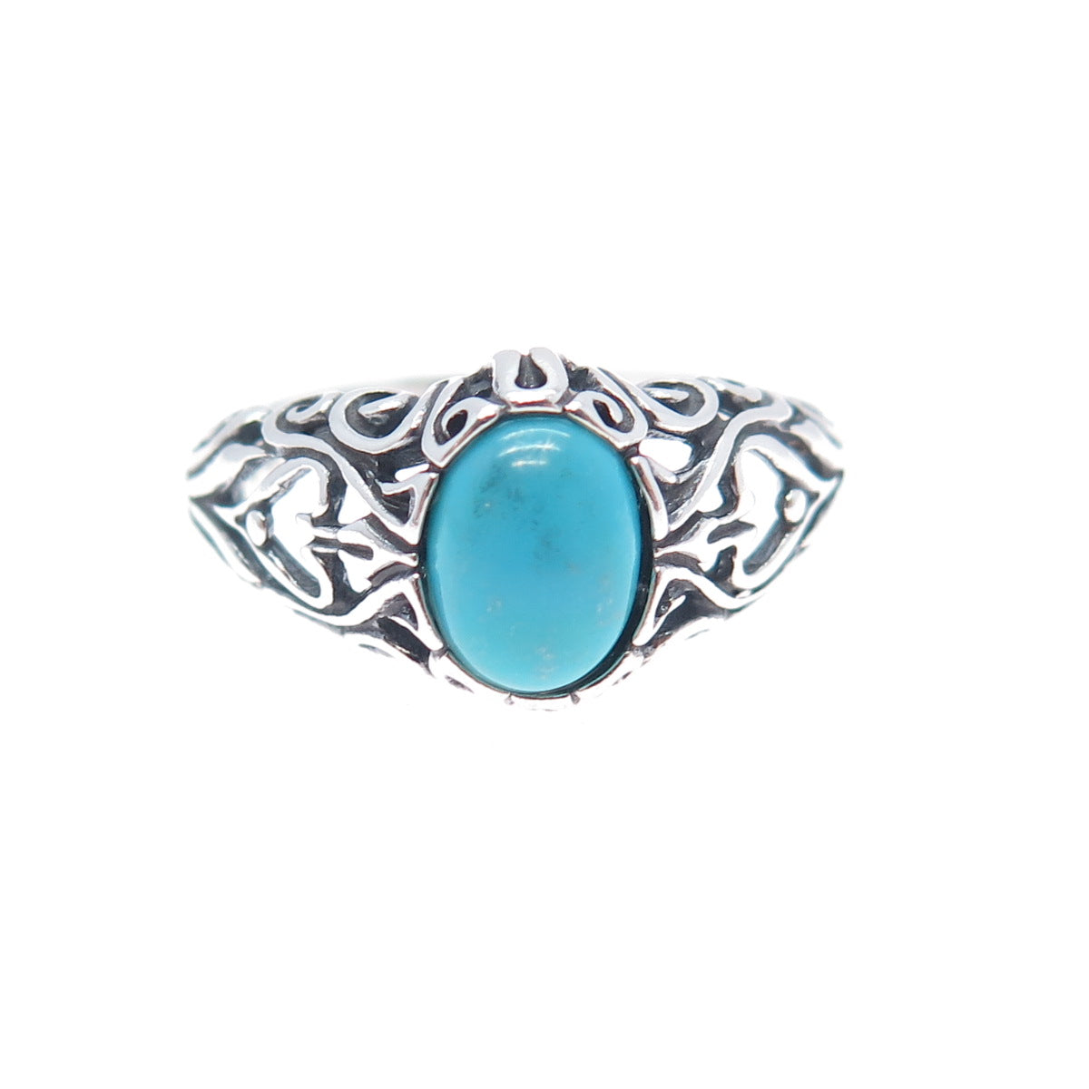 SHUBE 925 Sterling Silver Vintage Real Turquoise Heart Oxidized Ring Size 7.25