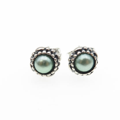 925 Sterling Silver Faux Pearl Oxidized Stud Earrings
