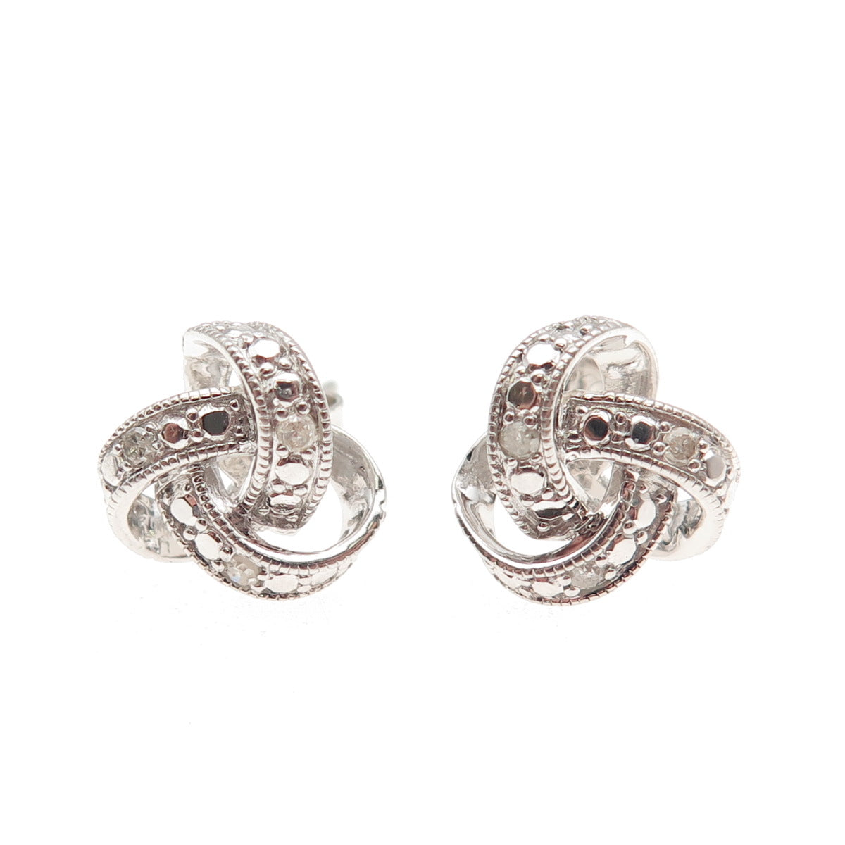 925 Sterling Silver Real Round-Cut Diamond Twisted Knot Stud Earrings