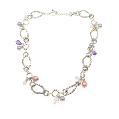 Michael Dawkins 925 Sterling Silver Real Pearl Amethyst Rose Quartz Necklace 18"