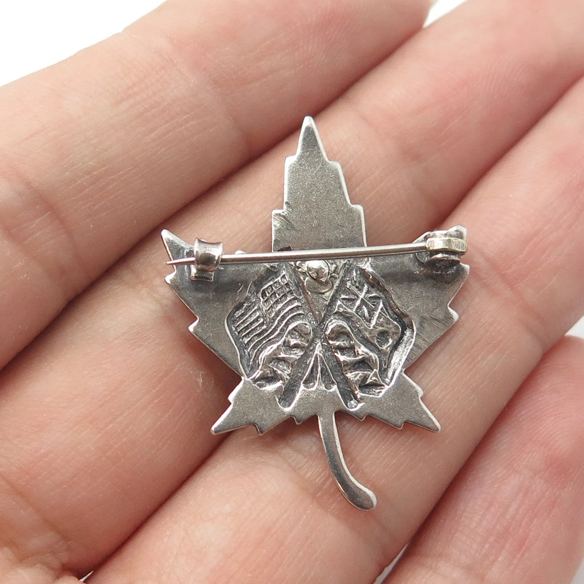 925 Sterling Silver Antique Art Deco Canadian Red Ensign & USA Flag Pin Brooch