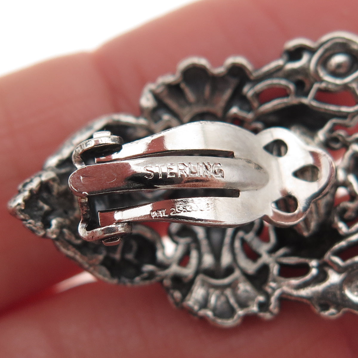 925 Sterling Silver Antique Art Deco Floral Oxidized Clip On Earrings