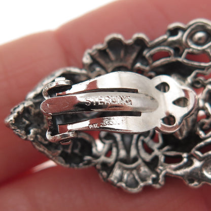 925 Sterling Silver Antique Art Deco Floral Oxidized Clip On Earrings