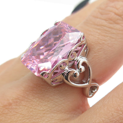 925 Sterling Silver Pink C Z Heart Ornate Statement Ring Size 7.5