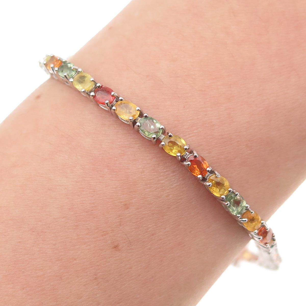 925 Sterling Silver Real Oval-Cut Multi-Color Sapphire Link Bracelet 7"