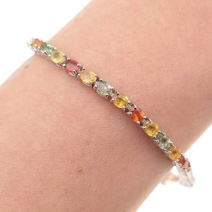 925 Sterling Silver Real Oval-Cut Multi-Color Sapphire Link Bracelet 7"