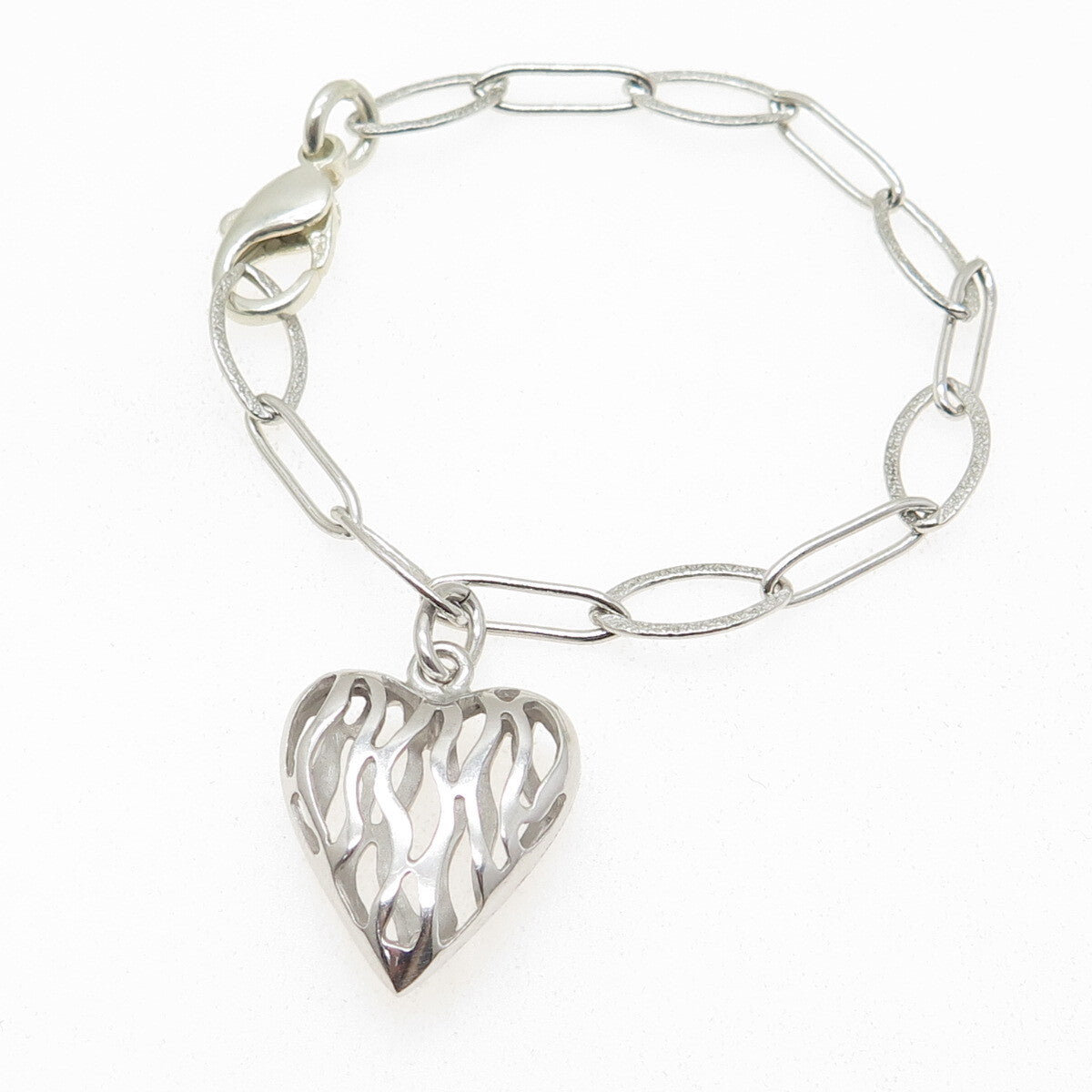 925 Sterling Silver Puffy Heart Oval Link Bracelet 6.25"