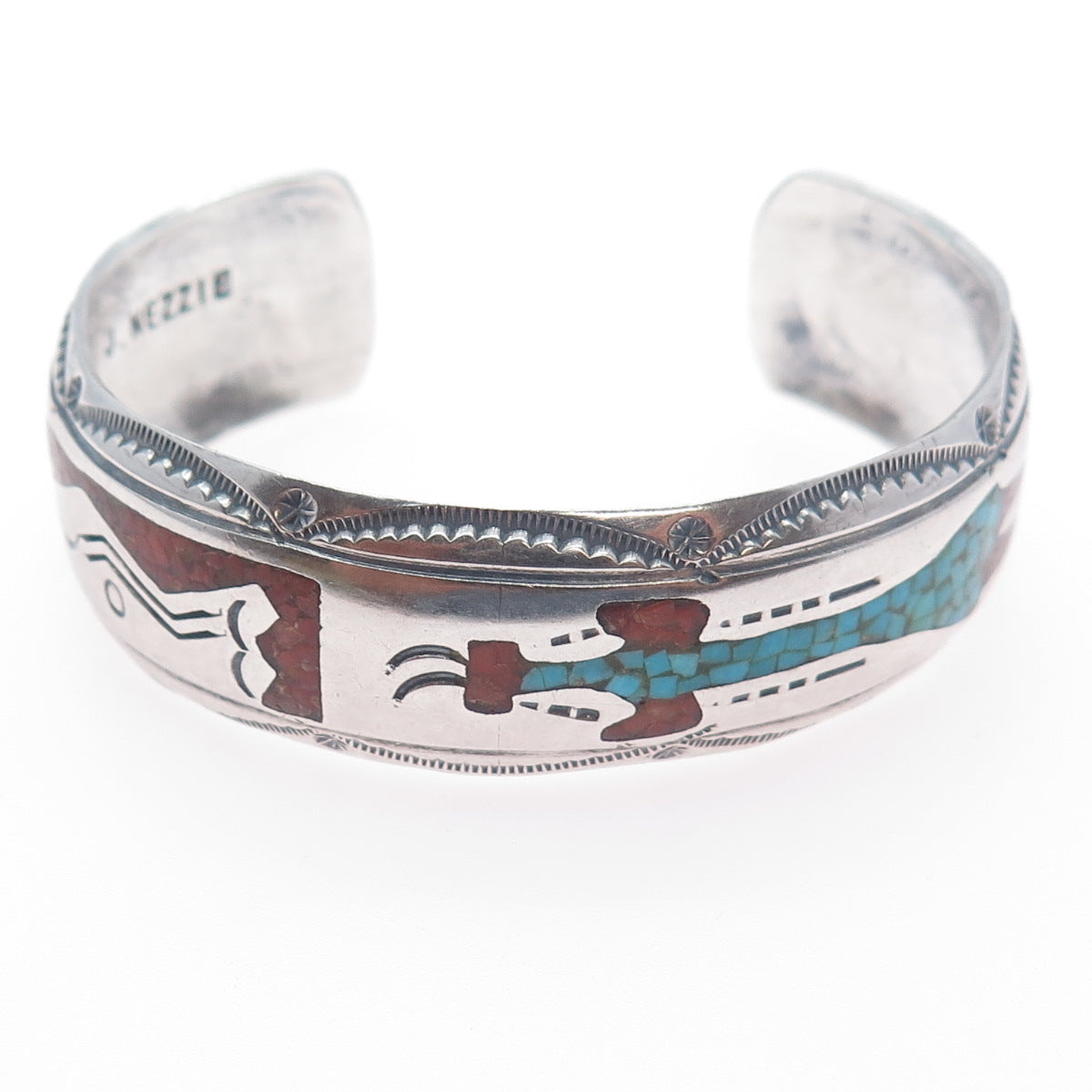 JIMMIE NEZZIE Old Pawn Sterling Turquoise Coral Inlay Adjustable Bracelet 6.25"