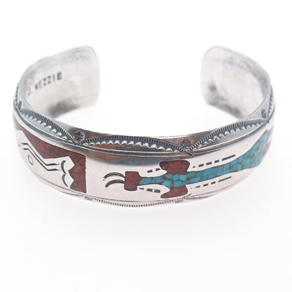 JIMMIE NEZZIE Old Pawn Sterling Turquoise Coral Inlay Adjustable Bracelet 6.25"