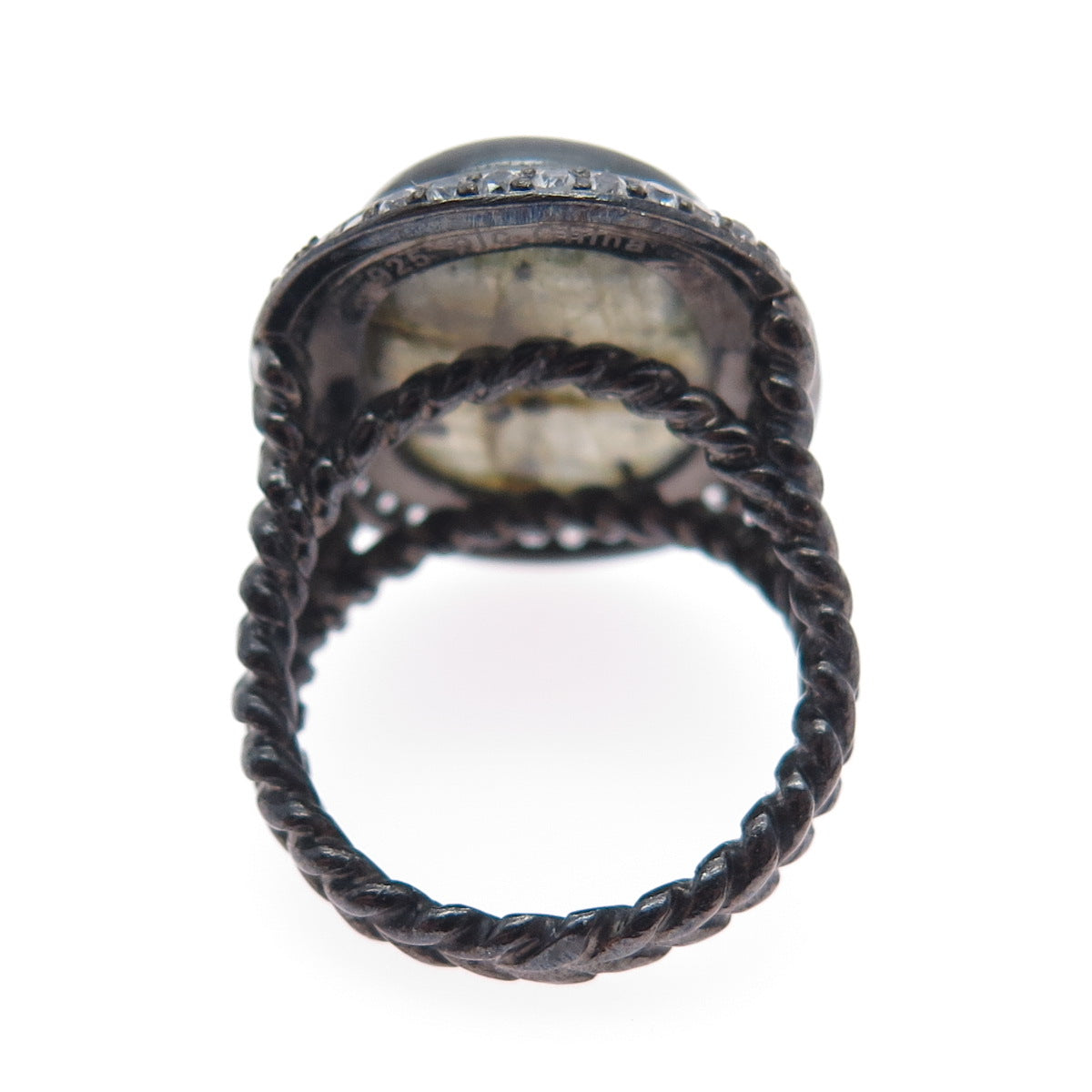 925 Sterling Silver Black Rhodium Real Labradorite & C Z Ring Size 6.25
