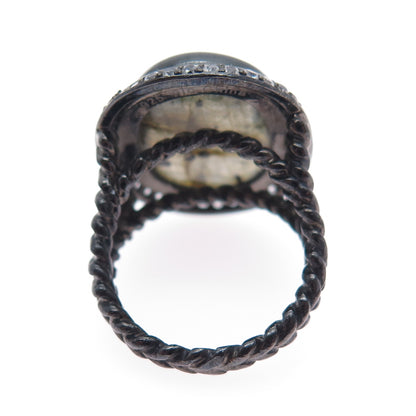 925 Sterling Silver Black Rhodium Real Labradorite & C Z Ring Size 6.25