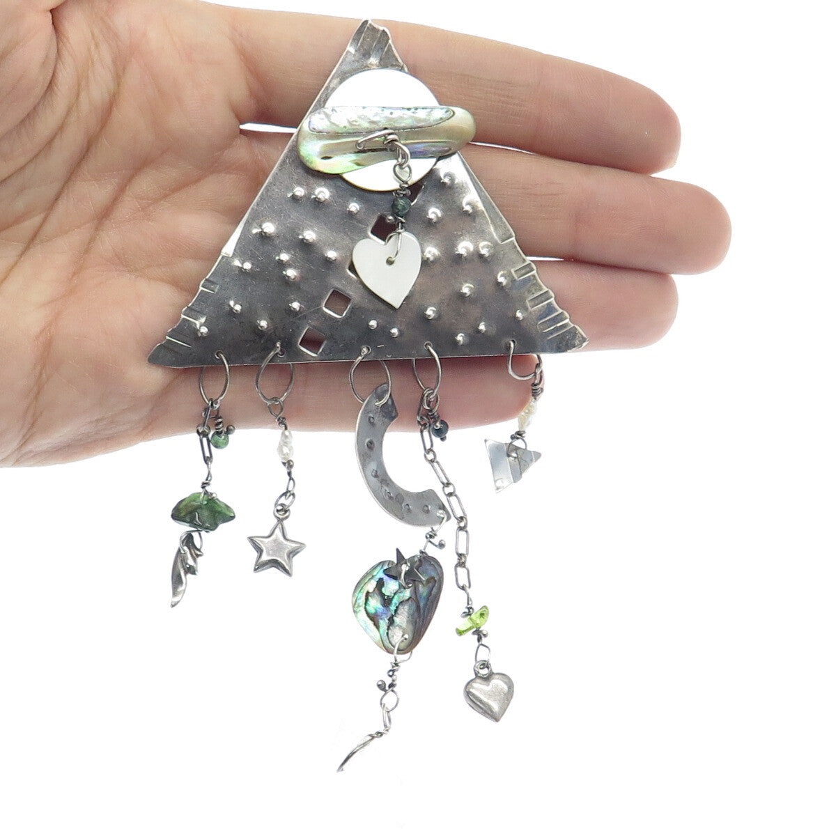 JULIE SHAW Sterling Silver Vintage Real Pearl & Abalone Shell Modernist Brooch