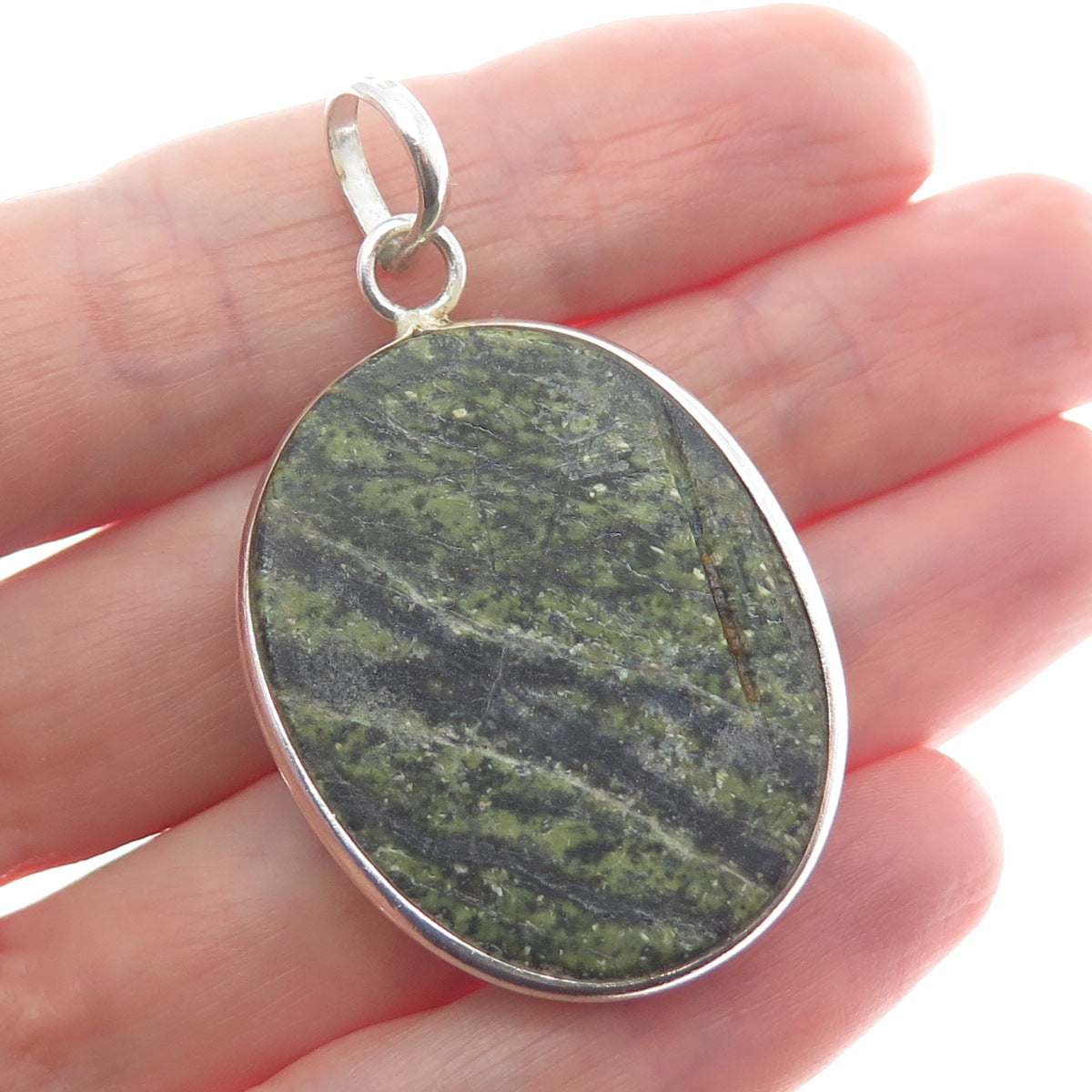 925 Sterling Silver Vintage Real Green Picture Jasper Gemstone Oval Pendant