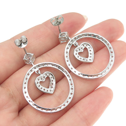 925 Sterling Silver Round-Cut C Z Circle of Life & Heart Dangling Earrings