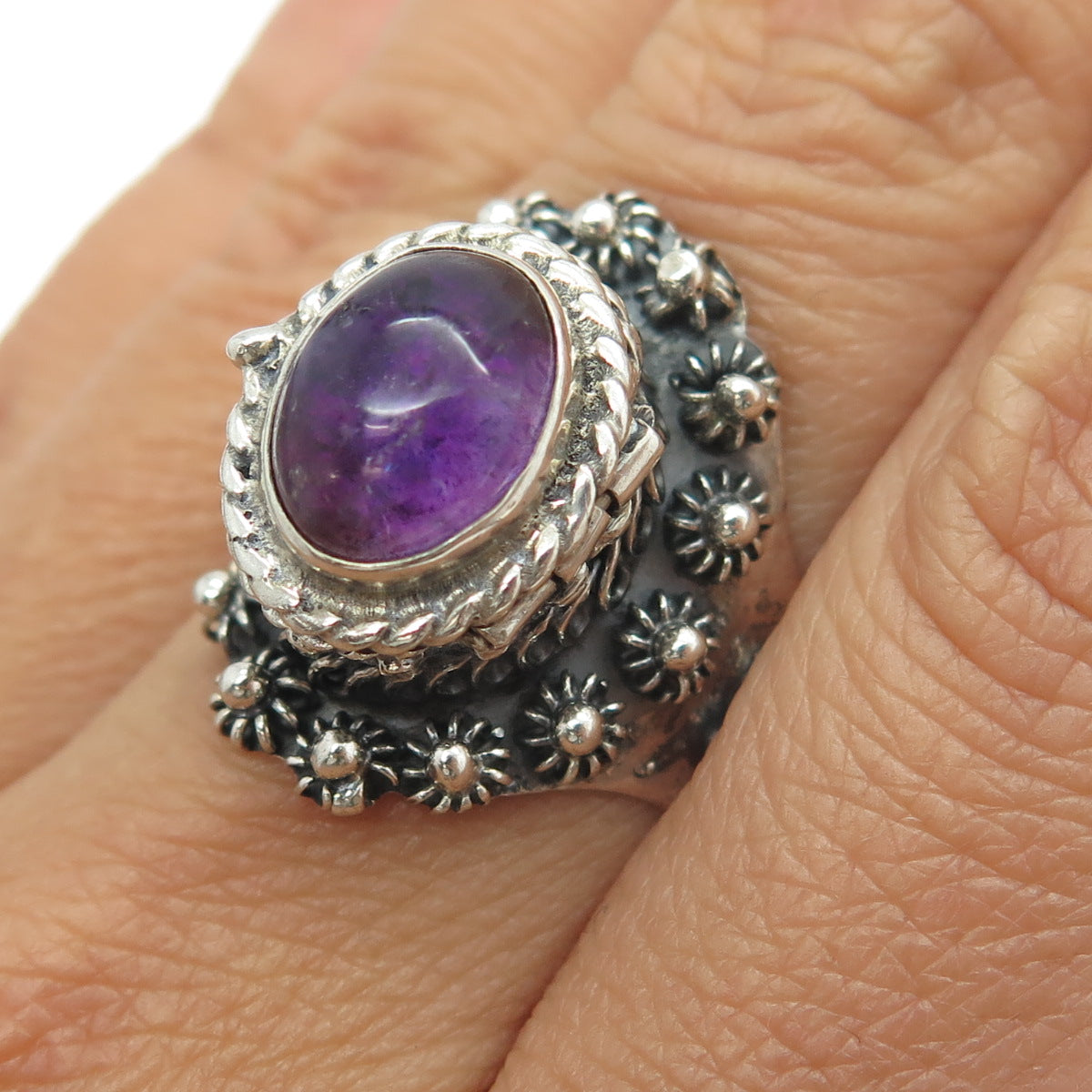 925 Sterling Silver Vintage Mexico Amethyst Poison Adjustable Ring Size 9.75