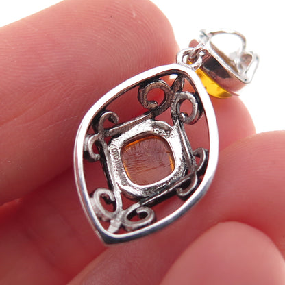 925 Sterling Silver Vintage Real Amber Oxidized Slide Charm Pendant