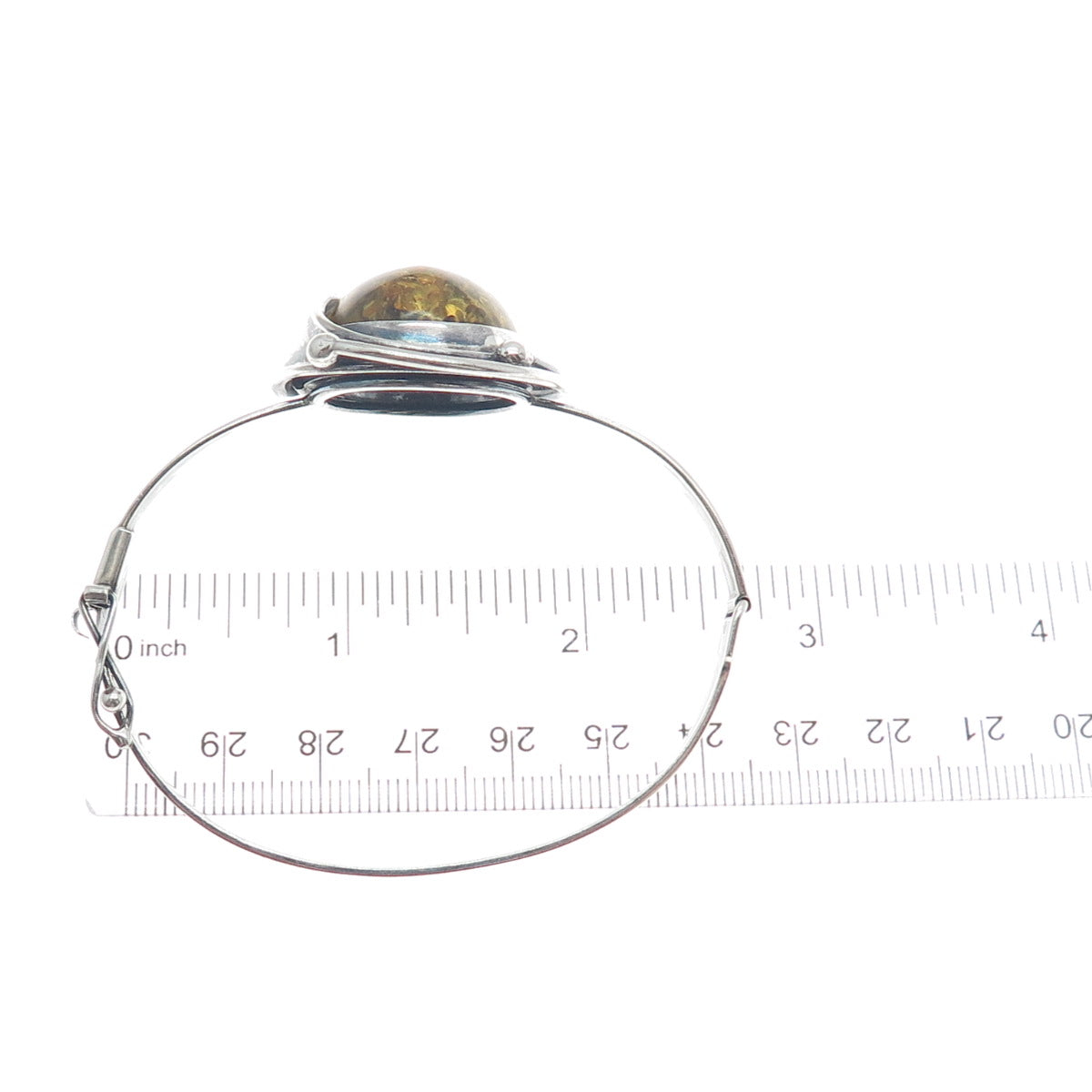 925 Sterling Silver Vintage LL Poland Real Amber Modernist Bangle Bracelet 6.5"
