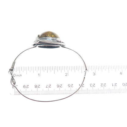 925 Sterling Silver Vintage LL Poland Real Amber Modernist Bangle Bracelet 6.5"