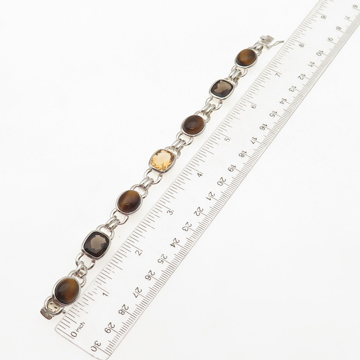 925 Sterling Silver Vintage Real Citrine Smoky Quartz Tiger Eye Bracelet 7"
