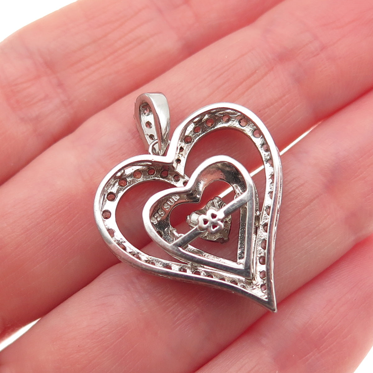 SUN 925 Sterling Silver Lab-Created Ruby & C Z Heart Charm Pendant