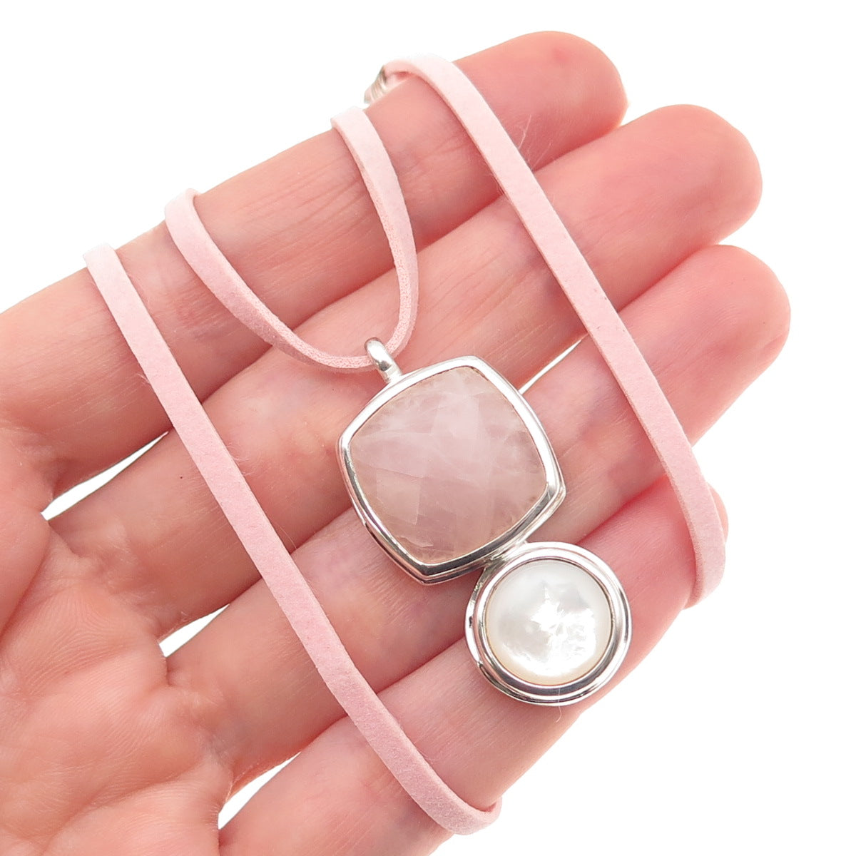 Elle 925 Sterling Silver Real Rose Quartz MOP & Ruby Pink Lace Necklace 16-18"