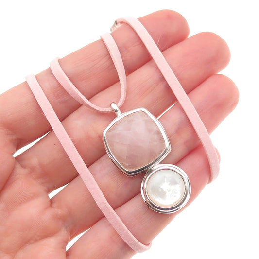 Elle 925 Sterling Silver Real Rose Quartz MOP & Ruby Pink Lace Necklace 16-18"